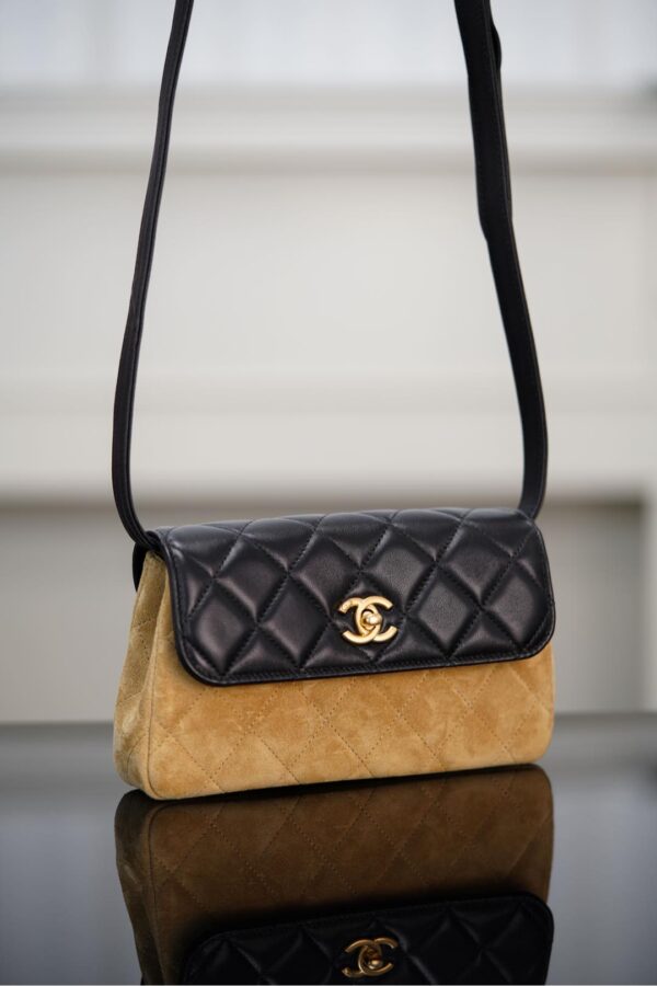 CHANEL Small Shopping Bag Shoulder Bag Black Gold/Beige Gold Suede Calfskin
